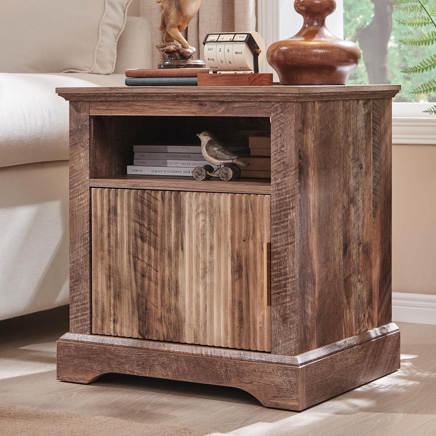 Fluted Nightstand with Charging Station, 22" Large Modern Side Table