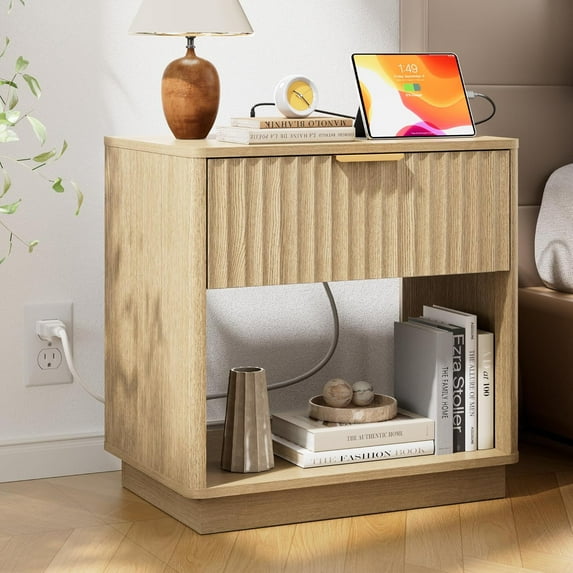 Fluted Nightstand with Charging Station, 23" Large Mid Century Modern Night Stand Bedside Table with Drawer & Open Shelf, Side Table for Bedroom Living Room Sofa Home Office, White Oak