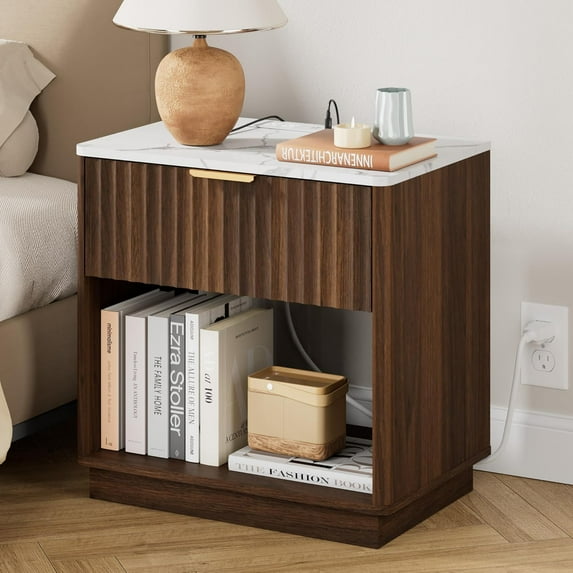 Fluted Nightstand with Charging Station, 23" Side Table with Faux Stone Color Top, Mid Century Modern Night Stand Bedside Table with Drawer and Open Shelf for Bedroom Living Room, Walnut