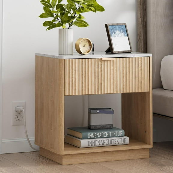 Fluted Nightstand with Charging Station, 23" Side Table with Faux Stone Color Top, Mid Century Modern Night Stand Bedside Table with Drawer & Open Shelf for Bedroom Living Room, White Oak
