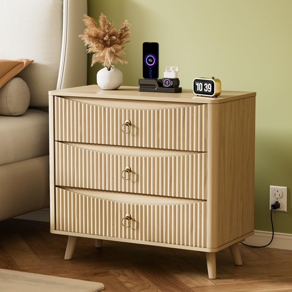 Fluted Nightstand with Charging Station, 3 Drawers Night Stand 31.5" Wide Wood Modern Bedside Table Large Storage, Curved Edges End Table with USB TypeC for Bedroom Entryway, Natural 1 PC