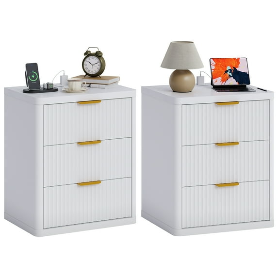 Fluted Nightstand with Charging Station, Bedside Table with Drawers and Open Storage Space, Metal Handles and Rounded Corners for Safety, Side Tables, End Table Bedroom, Living Room