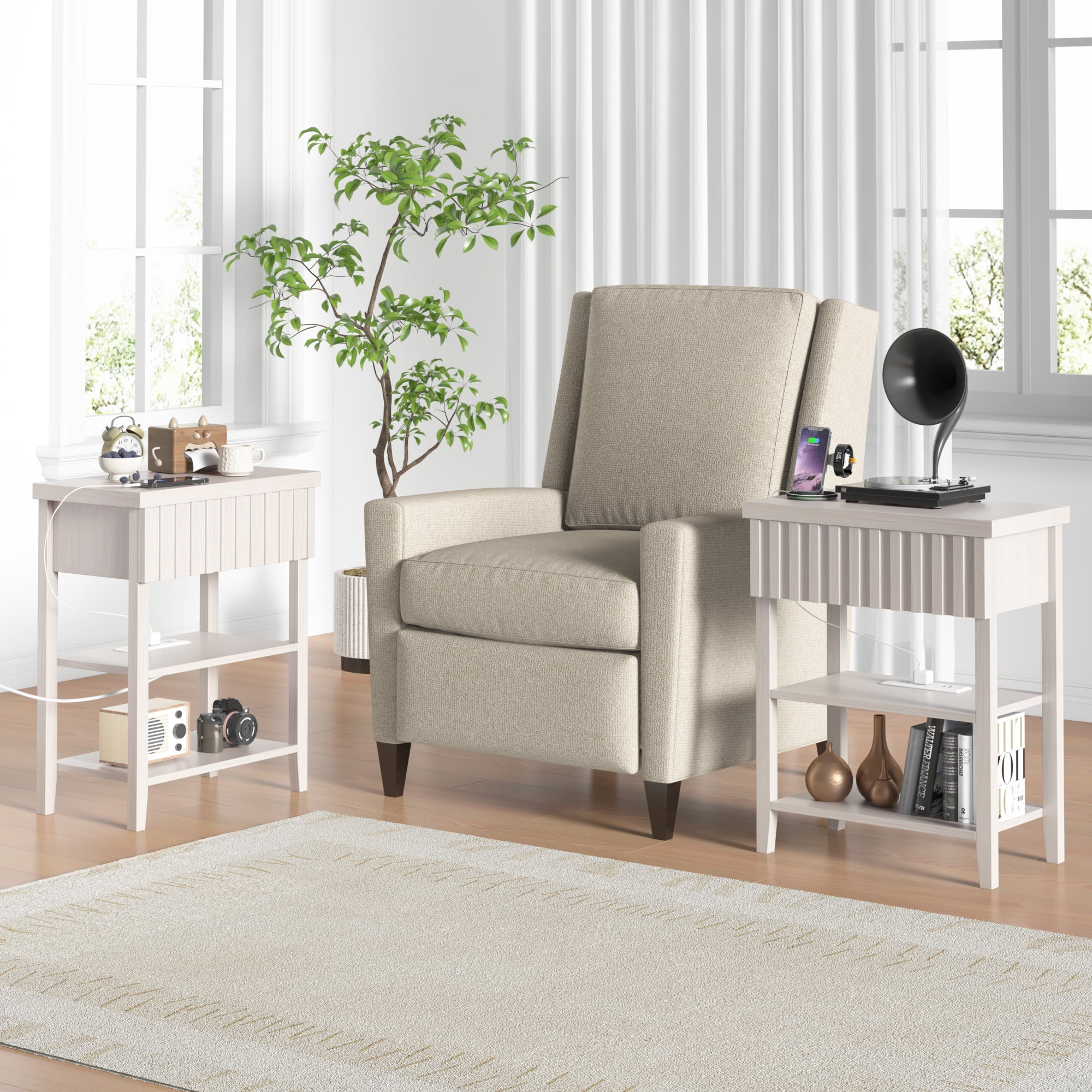 Fluted Nightstand with Charging Station,Farmhouse Night Stand with Drawer & 2 Open Storage Shelves,Modern Side Table for Bedroom Small Space Living Room Entryway,Beige(Set of 2)