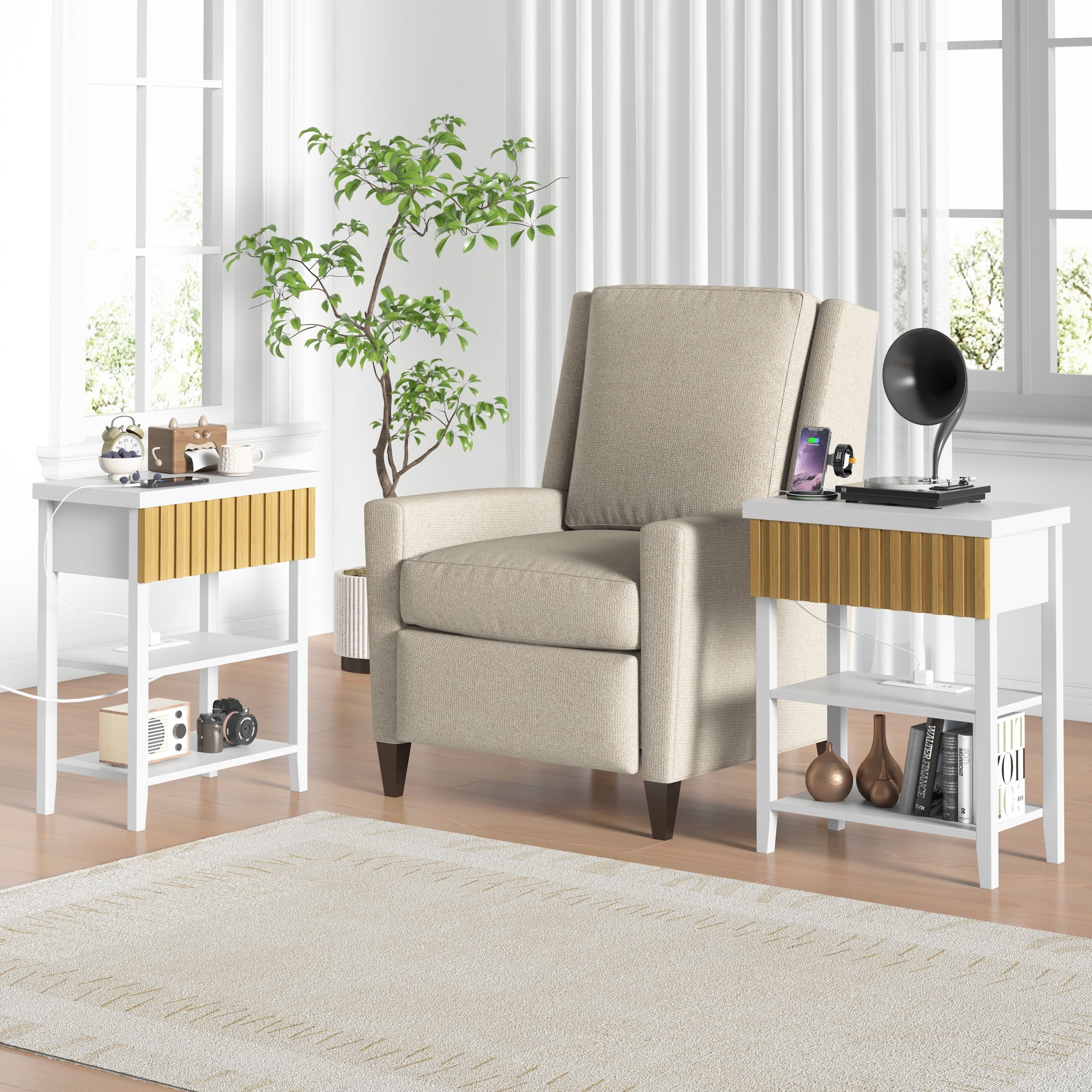 Fluted Nightstand with Charging Station,Farmhouse Night Stand with Drawer & 2 Open Storage Shelves,Modern Side Table for Bedroom Small Space Living Room Entryway,White(Set of 2)