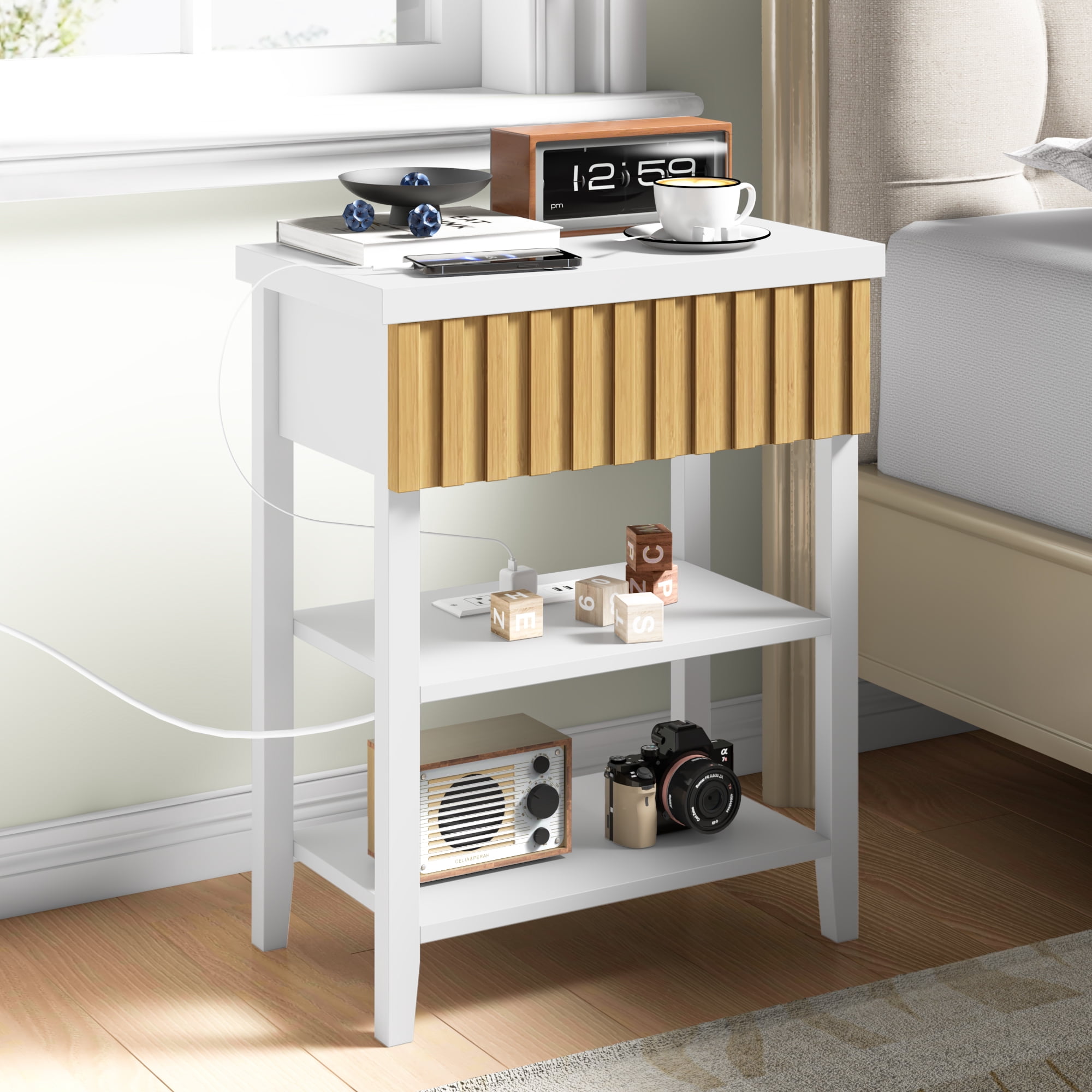 Fluted Nightstand with Charging Station,Farmhouse Night Stand with Drawer & 2 Open Storage Shelves,Modern Side Table for Bedroom Small Space Living Room Entryway,White