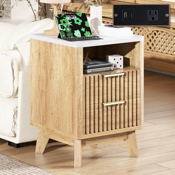 Fluted Nightstand with Charging Station, Faux Marble End Table with Top and Storage Drawers, Wood Side Table with Curved Corner for Living Room, Natural Oak
