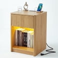 thumbnail image 1 of Fluted Nightstand with Charging Station and LED Light, Mid Century Modern Bedside Table with Drawer and Open Storage Shelf, Rounded Corners End Table for Bedroom Living Room, Natural Wood, 1 of 9