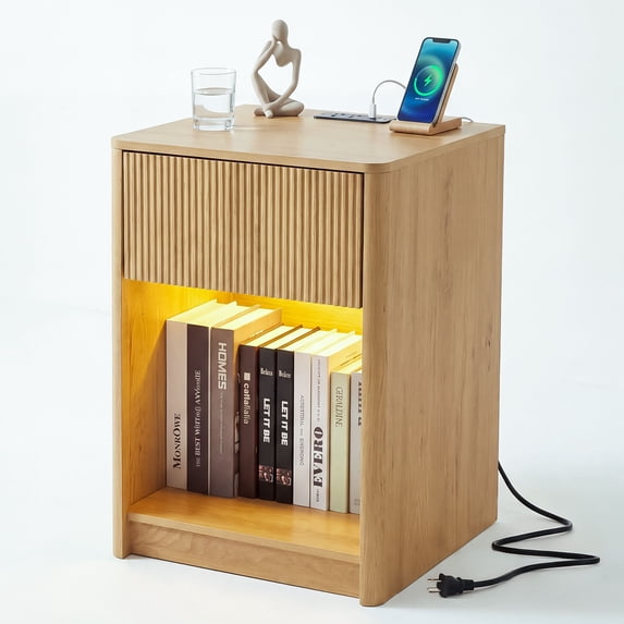 Fluted Nightstand with Charging Station and LED Light, Mid Century Modern Bedside Table with Drawer and Open Storage Shelf, Rounded Corners End Table for Bedroom Living Room, Natural Wood