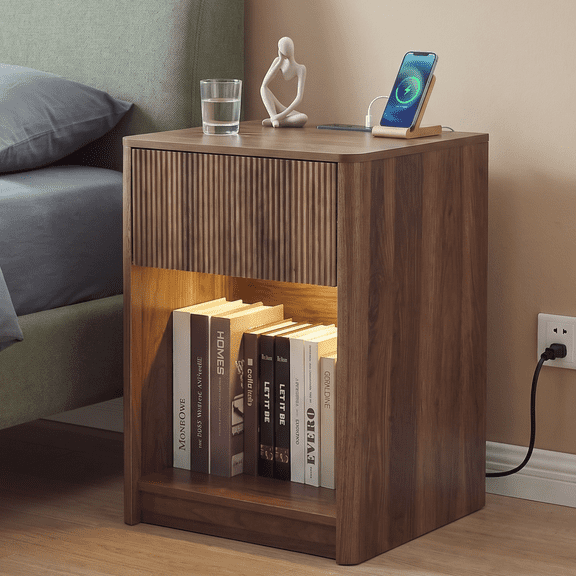 Fluted Nightstand with Charging Station and LED Light, Mid Century Modern Bedside Table with Drawer and Open Storage Shelf, Rounded Corners End Table for Bedroom Living Room, Walnut Brown