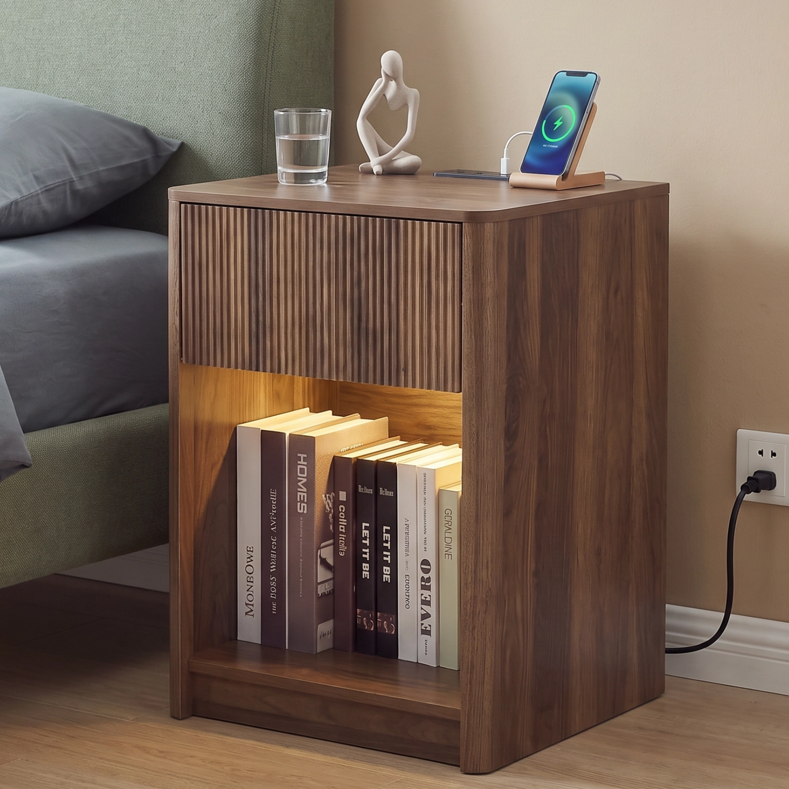 FASHIONFRI Fluted Nightstand with Charging Station & LED Accent Light, Mid-Century Modern Side Table for Bedroom Living Room, Bedside Table with Drawer, Walnut Finish
