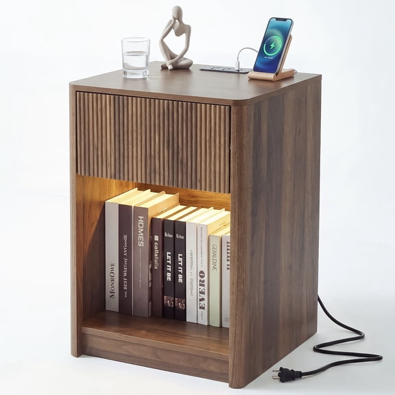 Fluted Nightstand with Charging Station and LED Light, Mid Century Modern Bedside Table with Drawer and Open Storage Shelf, Rounded Corners End Table for Bedroom Living Room, Walnut Brown