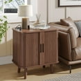 thumbnail image 1 of Fluted Nightstand with Charging Station, Mid Century Modern Bedside Table with Drawers and Shelves, Sliding Doors Nightstands, Wood Night Stand for Bedroom, End Table with Charging Station, Walnut, 1 of 8