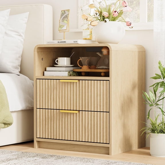 Fluted Nightstand with Charging Station, Mid Century Modern Night Stand with Cuvred Design & Golden Handles, Wood End Table with 2 Drawers & Open Compartment, Bedside Table for Bedroom, Natural Wood