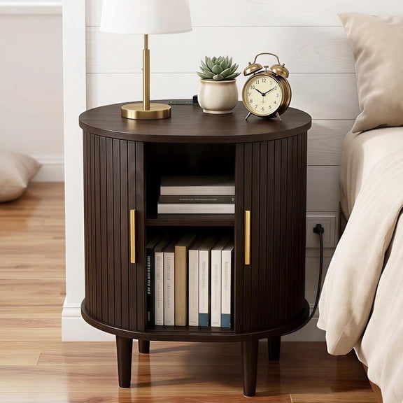 Fluted Nightstand with Charging Station: Mid Century Modern Side Table, Round Wood End Table with Drawer, Sliding Door & Adjustable Shelf for Small Space, Living Room, Bedroom