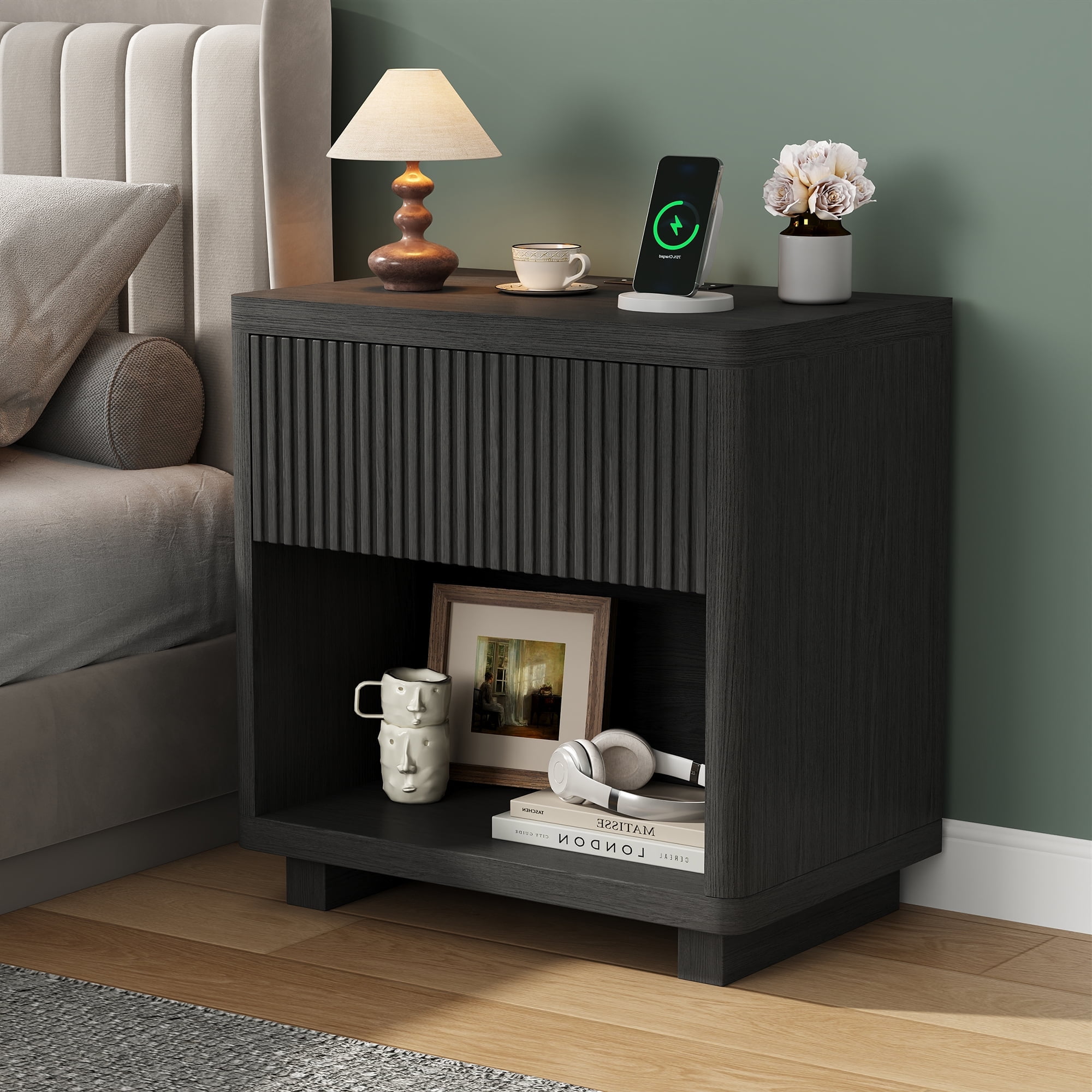 Fluted Nightstand with Charging Station, Modern Bedroom Furniture Side Table, Drawers & Open Shelf, Curved Profile Design, End Table Wood Organizer for Bedroom(Black)