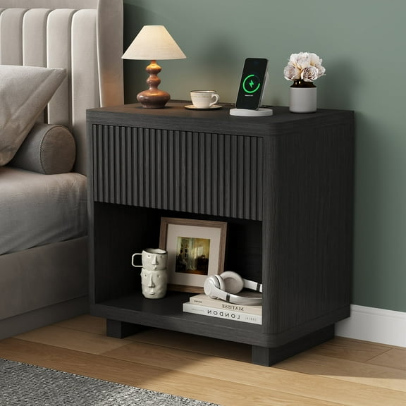 Fluted Nightstand with Charging Station, Modern Bedroom Furniture Side Table, Drawers & Open Shelf, Curved Profile Design, End Table Wood Organizer for Bedroom(Black)