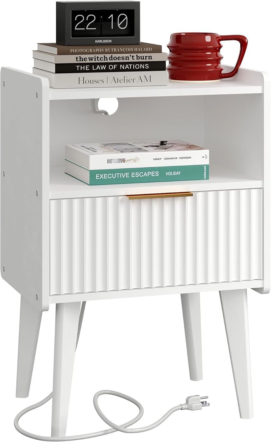 Marsail Fluted Nightstand With USB & AC Charging Station – Adjustable Bedside Table, 1 Drawer, Grey
