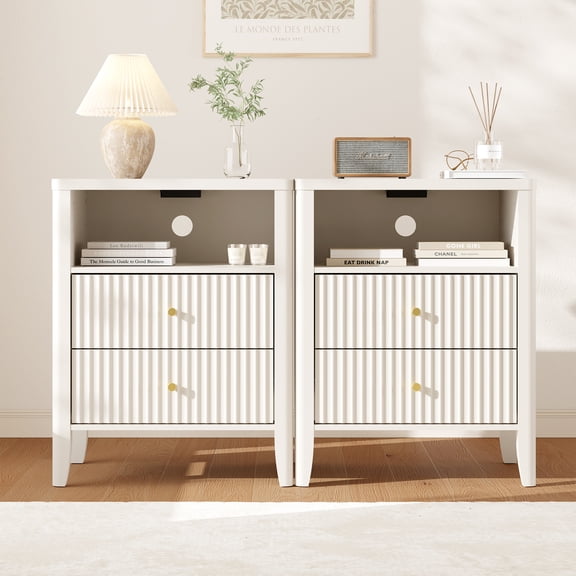 Fluted Nightstand with Charging Station Set of 2, 21"Wide Modern Bedside Table with 2 Drawers & Open Shelf, Wood End Table with Storage & Metal Handle for Bedroom, Living Room, Cream White