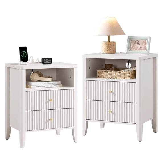 Fluted Nightstand with Charging Station Set of 2, 21"Wide Modern Bedside Table with 2 Drawers & Open Shelf, Wood End Table with Storage & Metal Handle for Bedroom, Living Room, Cream White