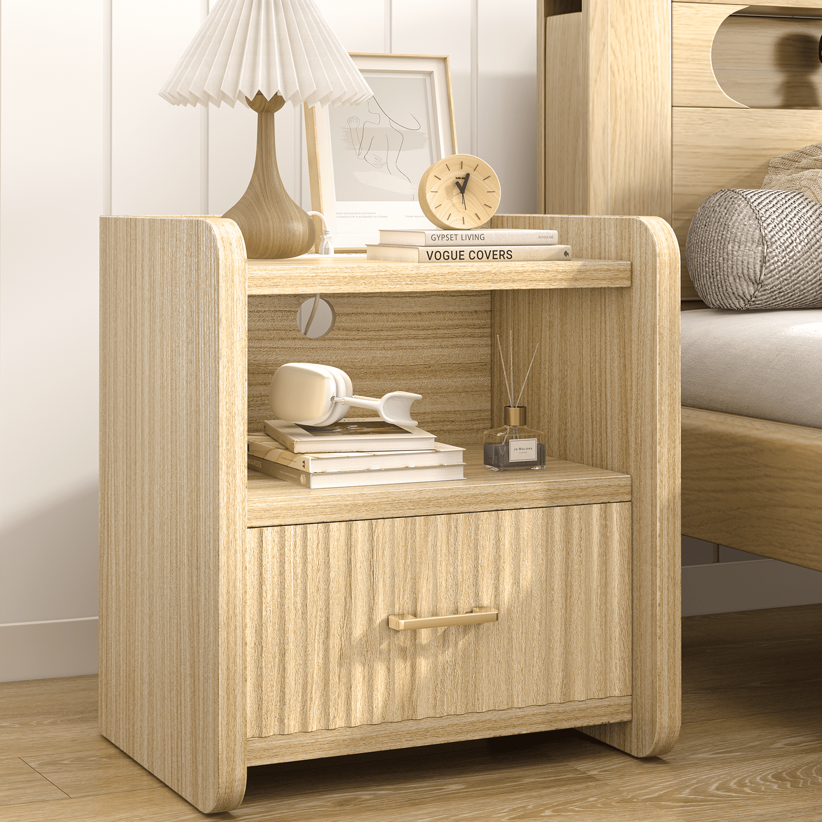 HIPPIY Co.ltd Fluted Nightstand with Charging Station,Wood Bedside Table Night Stand with Drawer and Open Shelf,Modern End Side Table for Bedroom,Living Room,Natural