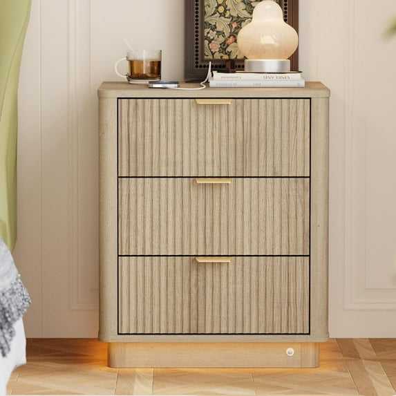 Fluted Nightstand, Curved Night Stand with Charging Station Lighting, Wood End Table with 3 Drawers, Modern Side Table Storage Cabinet for Bedroom Office,(1, Natural)
