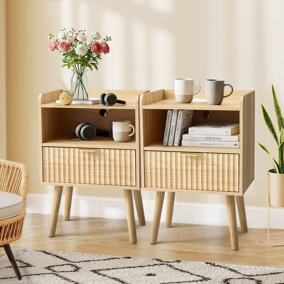 Fluted Nightstand with Drawers, Modern Bedside Table with Charging Station,  Night Stand for Bedroom, End Side Table with USB Ports, Small Nightstand with Storage Shelf (Set of 2)