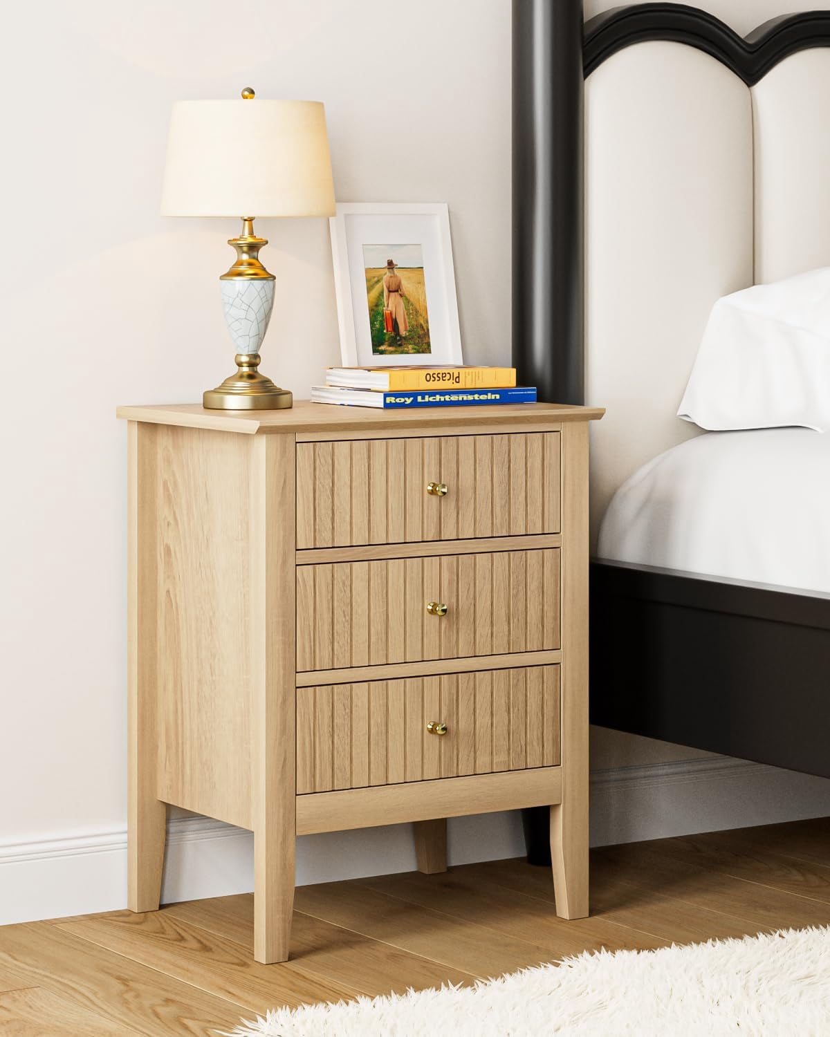 Fluted Nightstand, Farmhouse Night Stand with 3 Drawers, Mid Century Modern Side Accent Table ...