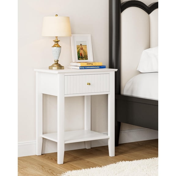 Fluted Nightstand, Farmhouse Night Stand with 1 Drawers, Mid Century Modern Side Accent Table,Bedside End Table for , Room, White
