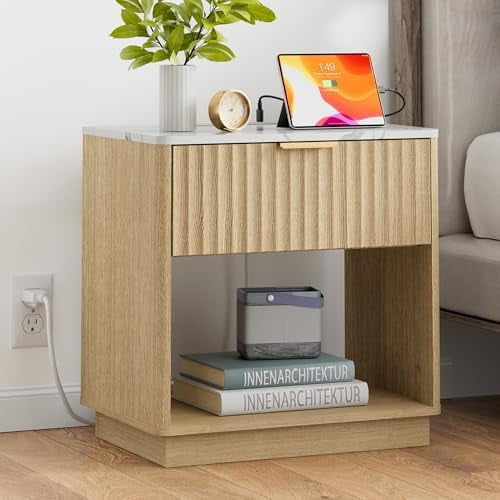 Fluted Nightstand, Large Night Stand, 23" Wide Modern Nightstand with Faux Marble Top and Charging Station.Wood Ene Table with Drawer, Bedside Table for Bedroom, Curved Corners, Natural Oak