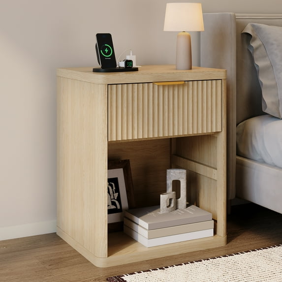 Fluted Nightstand,Mid Century Bedside Table,Wooden End Table,Farmhouse Night Stand with 3 Drawer,Charging Station for Bedroom Living Room Sofa Couch Office
