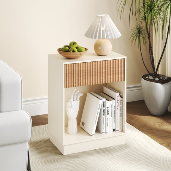 ARTCISE Fluted Nightstand, Mid Century Modern Bedside Table with Drawer and Open Storage, End Side Table for Bedroom, Living Room, Dorm, Adults
