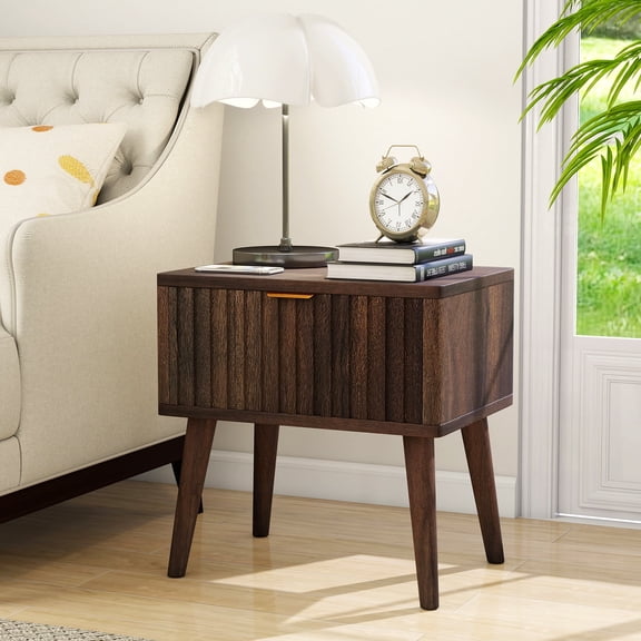 Fluted Nightstand, Mid Century Modern Walnut Bedside Table with Drawer, 19" Solid Wood End Table for Bedroom, Living Room, Set of 1