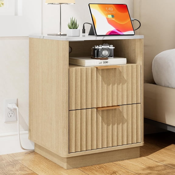 Fluted Nightstand, Modern Night Stand, Nightstand with Faux Marble Top and Charging Station, 2 Drawers End Table w/Storage, Bedside Table for Bedroom Living Room, Natural Oak