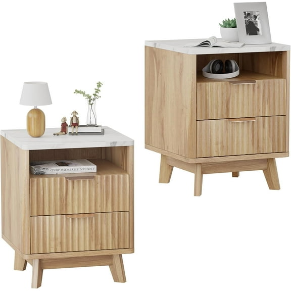 Fluted Nightstand Set of 2, 18" Modern Bed Night Stand with Faux Marble Top, 2 Drawers, Open Storage Shelf, Living Room End Table, Curved Edge Bedside Table for Bedroom, Natural Oak