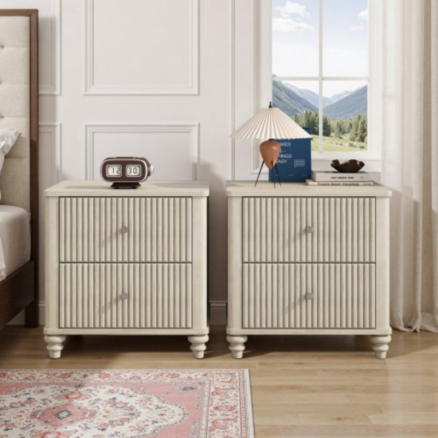 Fluted Nightstand Set of 2, 21.65" Wide Mid Century Modern Bedside Table with 3 Drawers, Wood Storage End Table with Metal Handles for Bedroom Living Room, Beige