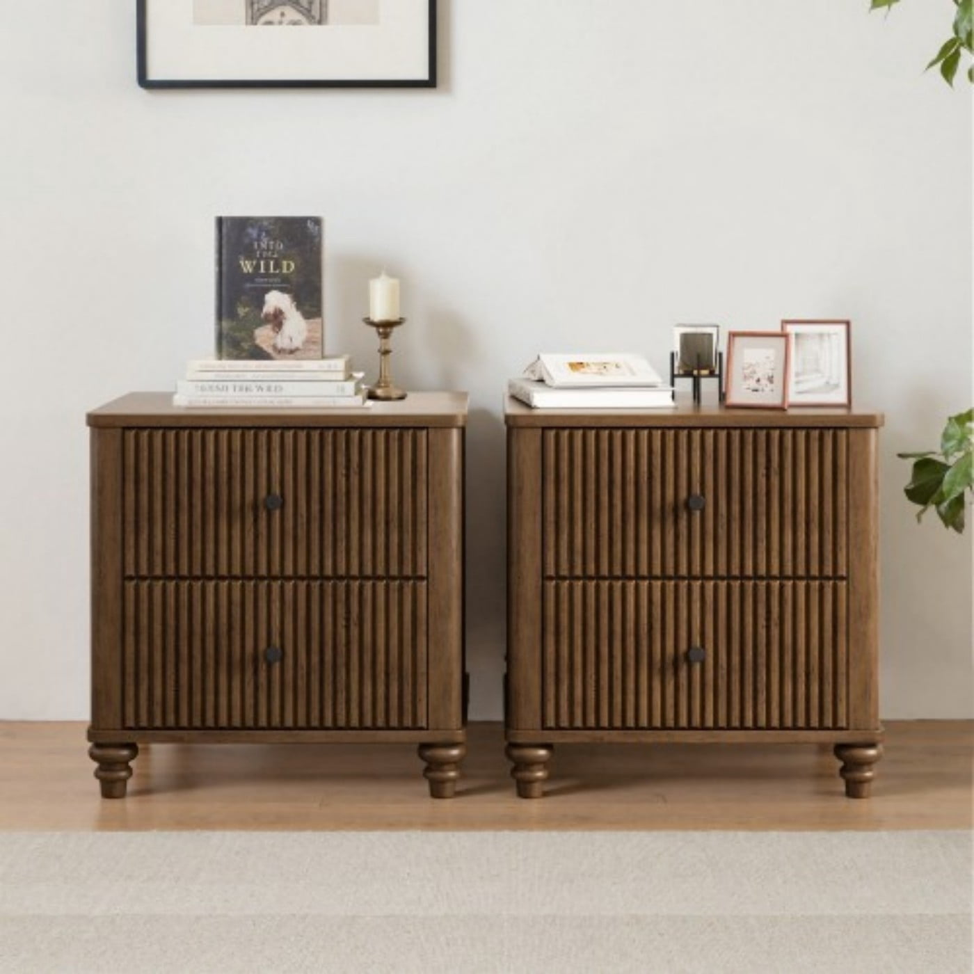 Fluted Nightstand Set of 2, 21.65" Wide Mid Century Modern Bedside Table with 3 Drawers, Wood Storage End Table with Metal Handles for Bedroom Living Room, Walnut