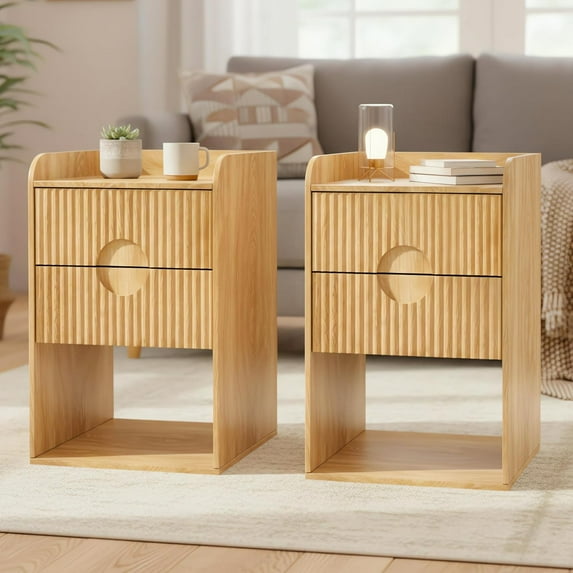 Fluted Nightstand Set of 2, Boho Bedside Table, Wood Side Table with Storage, Small Mid Century Modern Night Stand, 2 Drawer End Table for Bedroom, Natural, Vintage