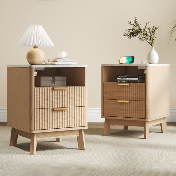 ARTCISE Fluted Nightstand Set of 2 with Charging Station, 18 inch Modern Side Table with Faux Marble Top and 2 Drawers, Adults