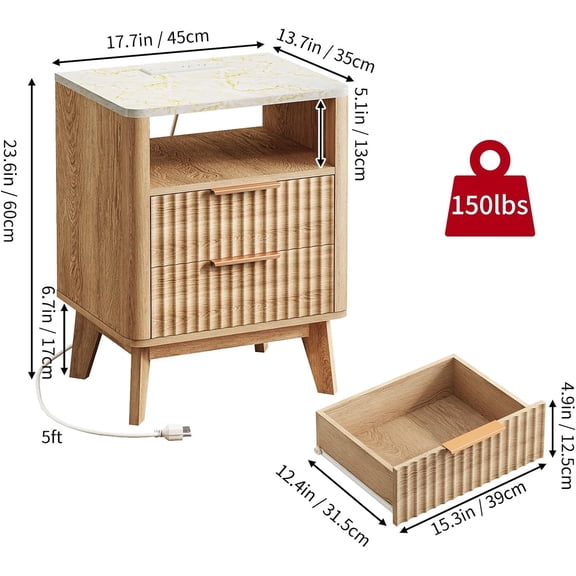 Fluted Nightstand Set of 2 with Charging Station, Large Side Table with 2 Wood Drawers for Bedroom, Mid  Modern Bedside Table, Faux Marble Top, Natural Oak
