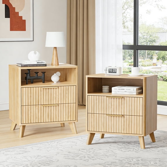 Fluted Nightstand Set of 2, Farmhouse Bedside Table with 2 Drawers and Open Shelf, Wood Modern Side Table with Charging Station, End Tables for Bedroom