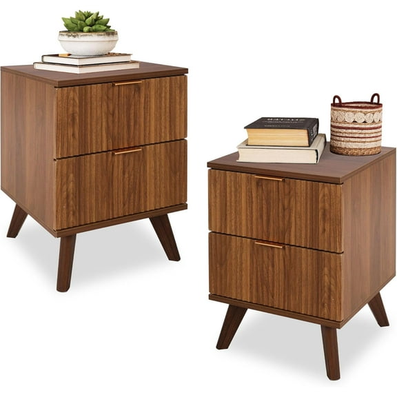 Fluted Nightstand Set of 2, Mid Century Modern 2 Drawer Dresser for Bedroom, Small Dresser Night Stand Side Table End Table with Wood Fluted Drawer Storage for Bedroom Closet(Walnut)