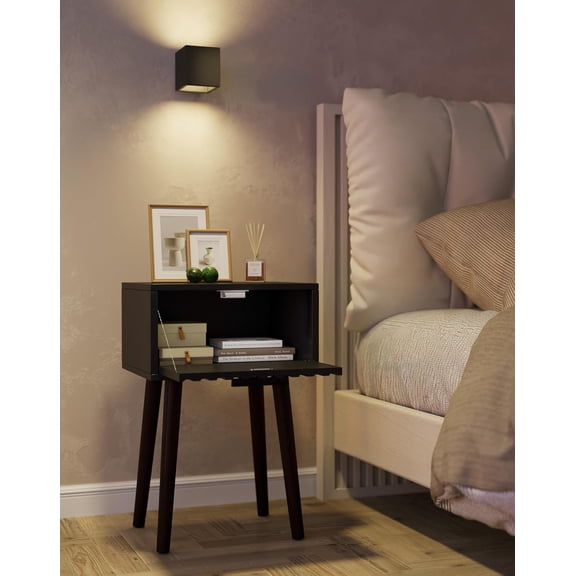 Fluted Nightstand Set of 2, Small End Table, Modern Coffee Table with Drawer, Solid Wood Legs, Retaining Chain, 13.8" x 10.6" x 20.9", for Bedroom and Small Spaces, Black
