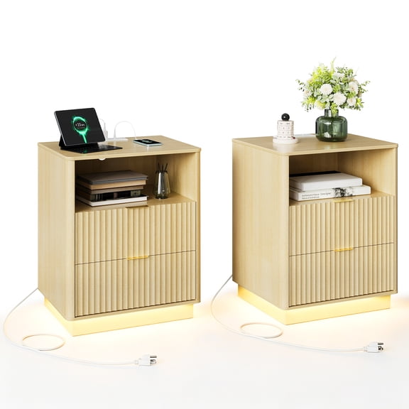 Fluted Nightstand Set of 2, Wooden Night Stand with Charging Station & LED Light, Modern Mid Century Bedside End Table with 2 Drawers, 20" w x 15.7" d x 24" h, for Bedroom, Black/White/Natural Wood