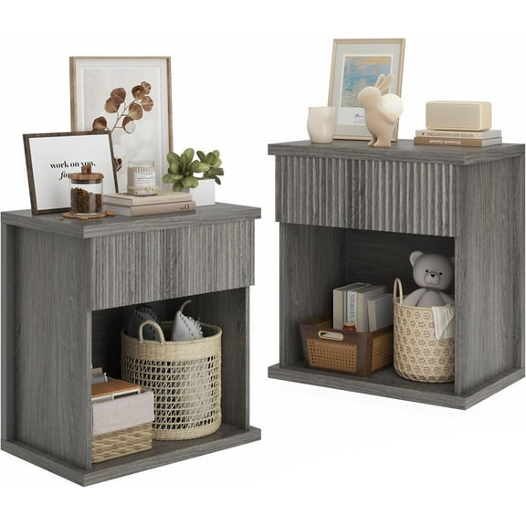 Fluted Nightstand Set of 2, 22.8" Wide Nightstands with Drawer Storage Large Wood BedsideTable Night Stands for Bedroom, Grey Oak
