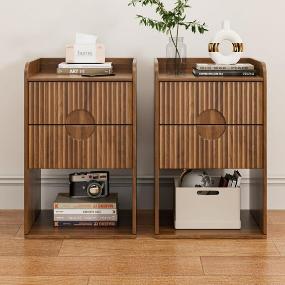 Fluted Nightstand Set of 2, Boho Wooden Bedside Tables with Storage, Mid Century Modern 2 Drawer End Tables, Walnut