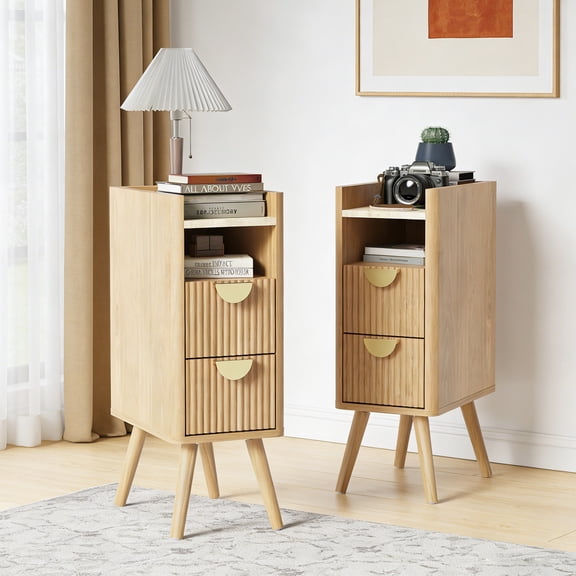 Fluted Nightstand Set of 2, Farmhouse Bedside Table with 2 Drawers, Wood Side Table with Open Shelf, Narrow End Tables for Small Spaces