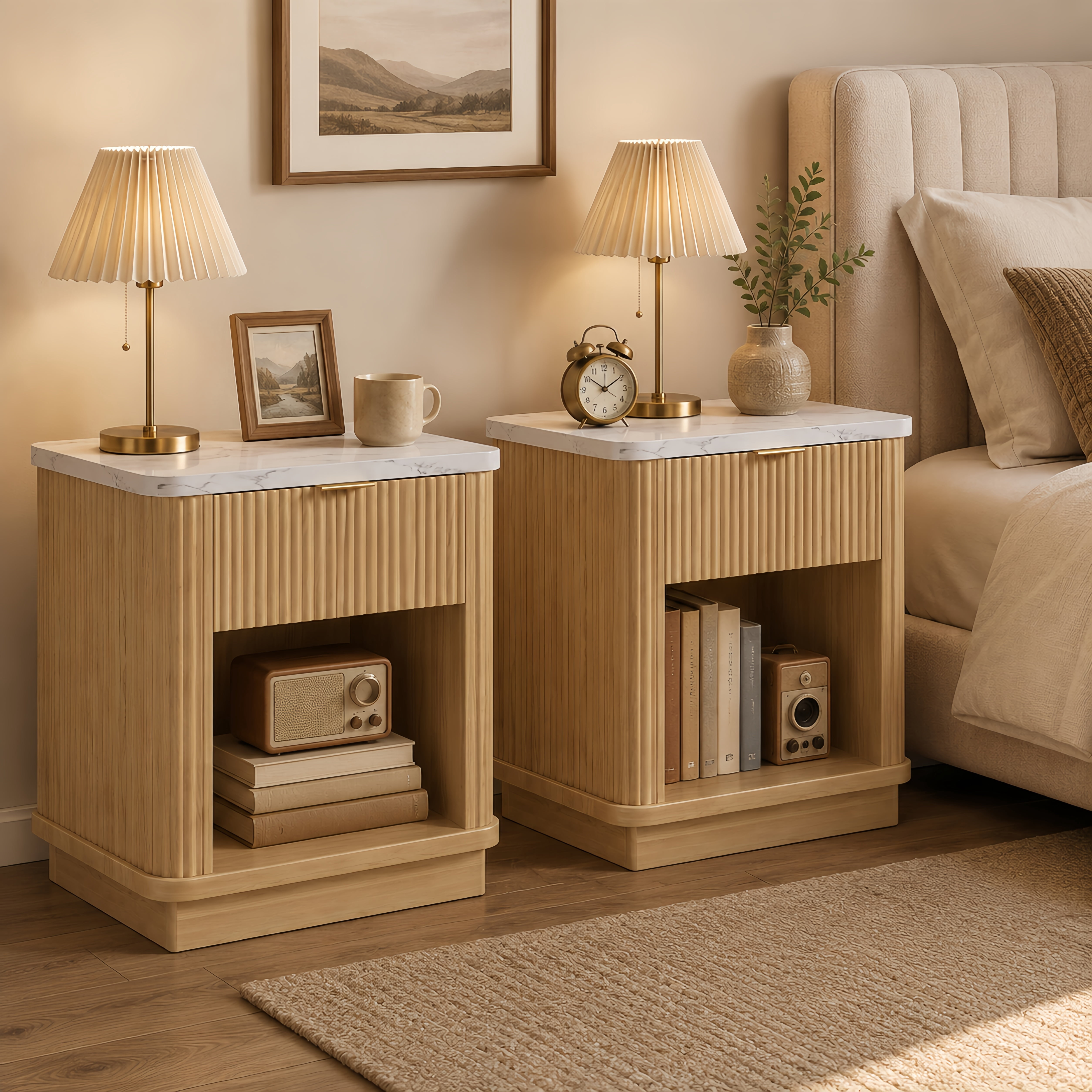 Fluted Nightstand Set of 2, Faux Marble Top, Gold-Tone Handle, Drawer & Shelf Storage