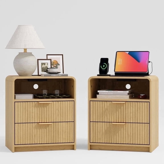 HoopieHome Nightstand Modern Fluted Scalloped Edges Built-in Outlet and Cable Management Set of 2