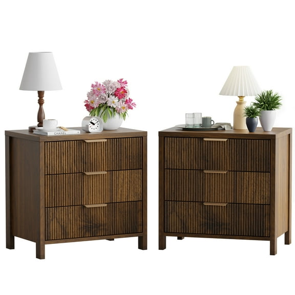 Fluted Nightstand Set of 2 with 3 Drawers, Mid-Century Modern Bedside Table, 23.7'' Wide Wood End Table for Bedroom, Walnut Finish