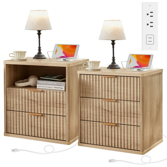 Fluted Nightstand Set of 2 with 3 Drawers and Charging Station 23" Wide 2 & 3 Drawers Large End Side Table, Natural Wood Dresser for Bedroom